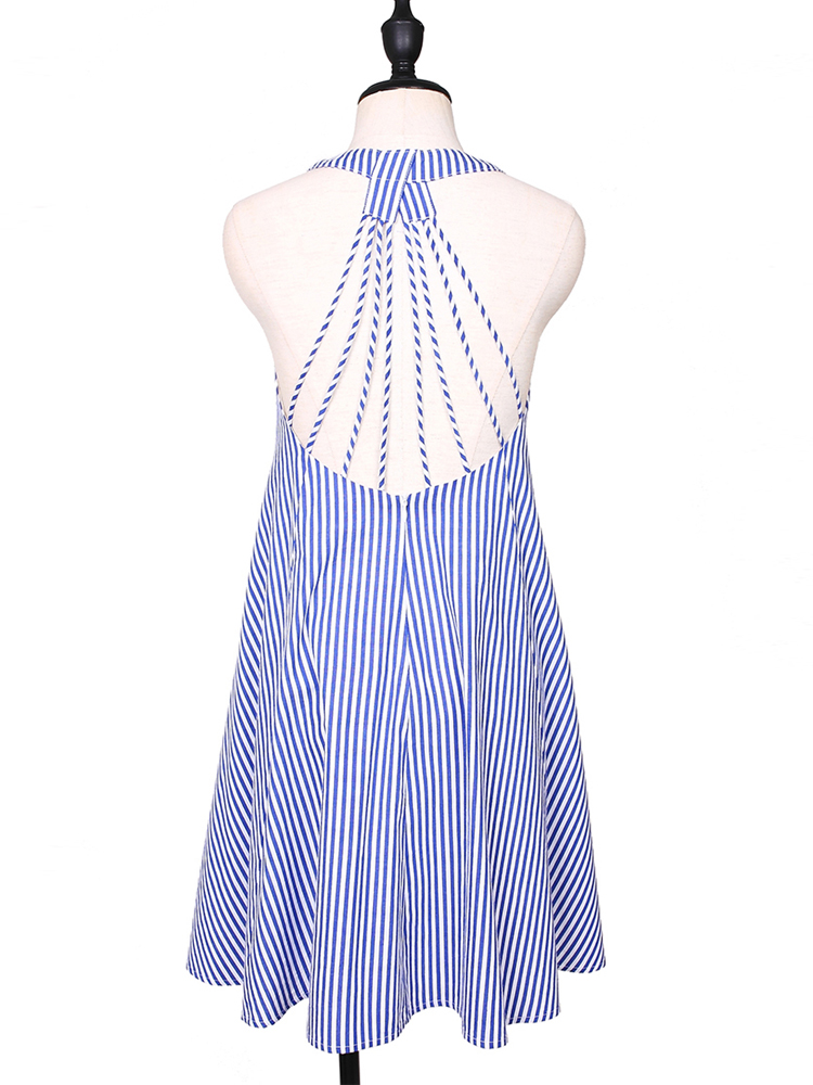 F2522 Strappy Striped Backless Casual Cute Dress  Blue